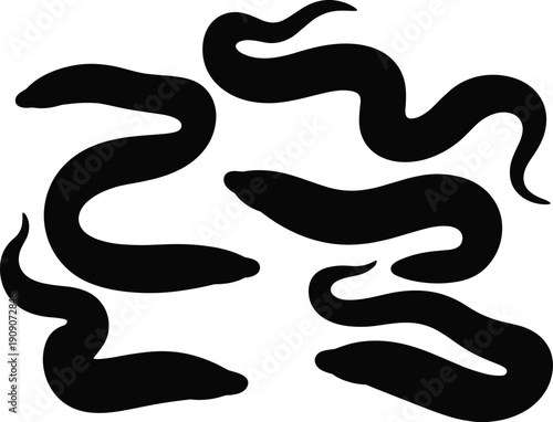 Stylized black silhouettes of snakes in various coiled and curved positions, representing reptile design, wildlife illustration, and abstract animal art for stock graphics.
