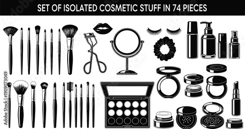 Cosmetic tools set illustration, makeup brushes, eyelash curler, vanity mirror, false eyelashes, lipstick, compact powders, spray bottles, cosmetic containers, beauty products