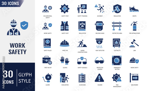 Work safety solid icon set. Icons related to workplace security, Safety first, hard hat, insurance, first aid kit, risk management, regulation, and more. Vector illustration