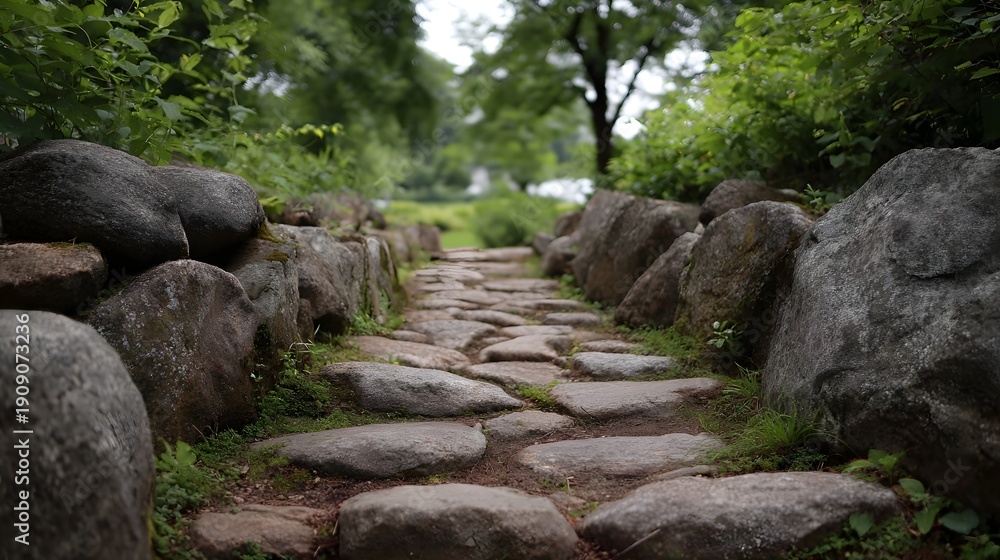 Fototapeta premium A winding stone pathway lined with large rocks through a serene lush green park landscape