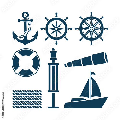 A collection of nautical icons on a white background