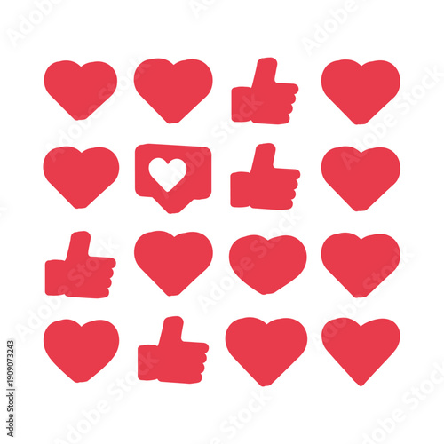 A collection of red heart and thumbs up icons on a white background