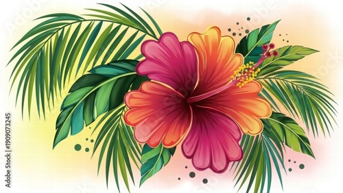 Tropical Paradise Bloom: A vibrant hibiscus flower radiates with an explosion of color, enhanced by lush green palm leaves, evokes a sense of tropical paradise and serene elegance.