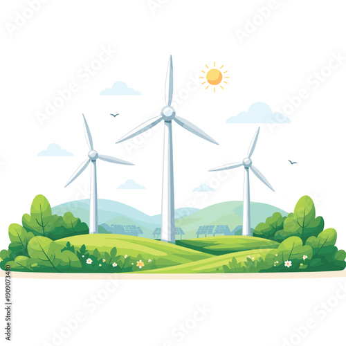 Wind farm with turbines in a green landscape