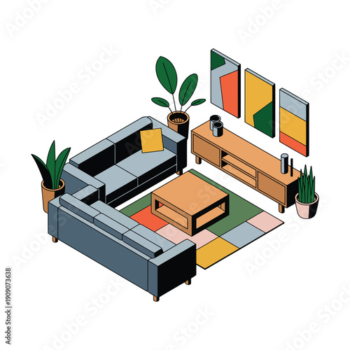 A modern living room with a gray sectional sofa and colorful decor