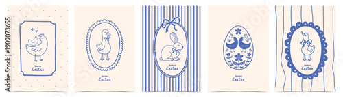 Easter greeting card set with geese, chickens, egg, bows, bunny and frames in whimsical vintage doodle hand drawn style. Vector design template for poster, invitation, banner, cover, label