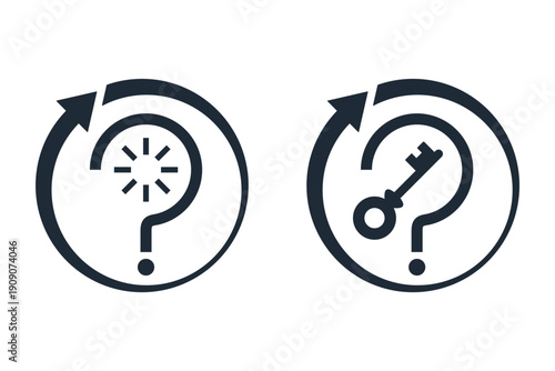 Thinking about the question. The key to the question.Set of vector linear illustration icons isolated on white background.