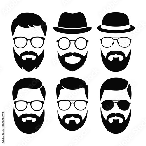 A set of six different bearded men with various glasses and hats
