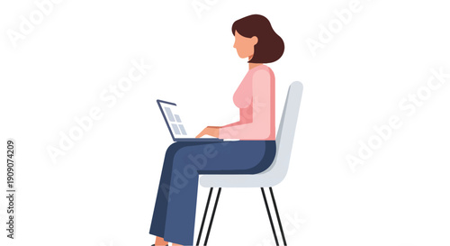 A woman sitting on a chair and working on her laptop