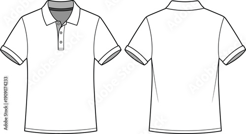 Short sleeve polo shirt technical flat sketch, front and back view, collar with button placket, fashion design apparel illustration garment