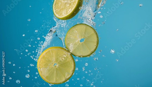 Fresh lemon and lime slices falling into clear water with splash and air bubbles, summer drink concept