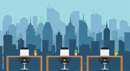 A modern office setup with computers and plants in front of a city skyline