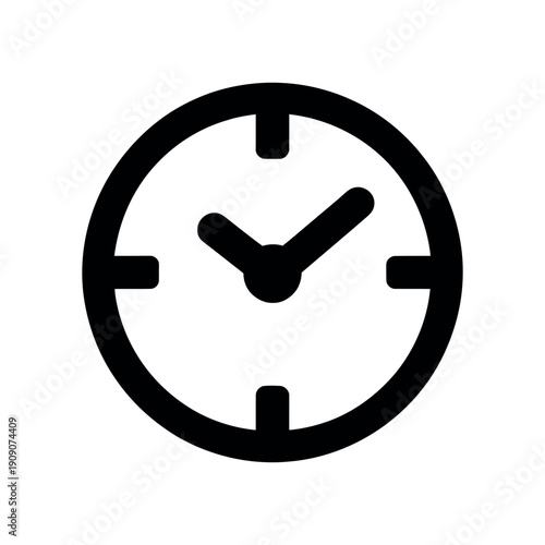 A simple black clock icon on a white background for time management