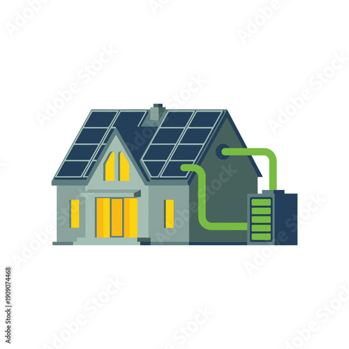 An illustration of a house with solar panels and a rainwater tank