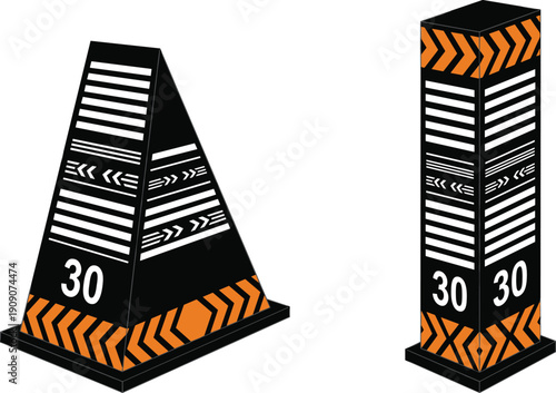 Traffic safety road markers with speed limit signs, black prism design, chevron arrows, transportation infrastructure, highway control, reflective warning indicators