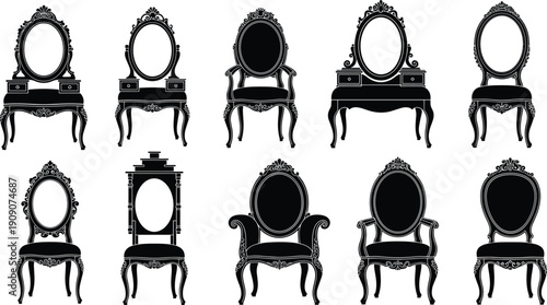 Vintage ornate furniture silhouettes illustration, classical baroque rococo chairs and vanities, oval mirrors, decorative carvings, elegant interior design, antique decor concept