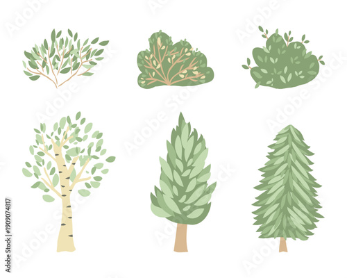 Cute Forest Trees and Bushes Vector Set, Woodland Nature Elements Collection, Hand Drawn Style Kids Illustration, Isolated Pastel Woodland Plants Clipart