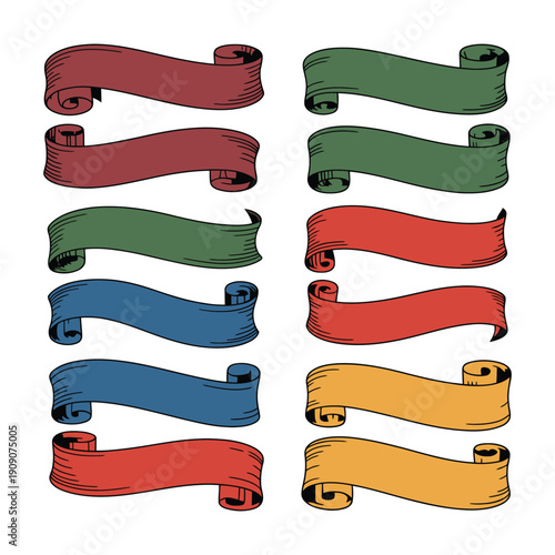 A colorful illustration of cartoon ribbons in various vibrant hues and styles