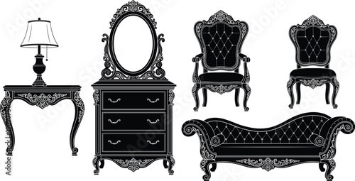 Vintage ornate furniture silhouettes, baroque rococo design, elegant armchair, chaise lounge, dresser mirror, decorative table lamp, classical interior decor illustration