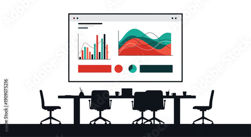 A modern conference room with a large screen displaying business data analysis