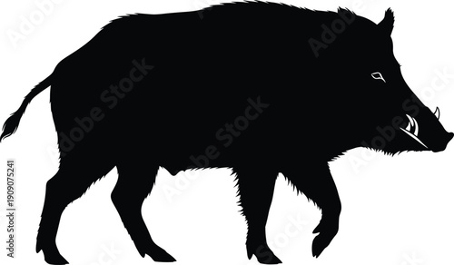 Wild boar silhouette, forest animal black shape, isolated boar icon, wildlife vector element, hunting trophy outline, forest creature silhouette, wild pig graphic, nature design.