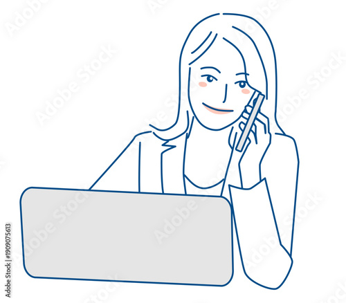 パソコンの前でスマホを片手に電話するスーツの女性の線画イラスト