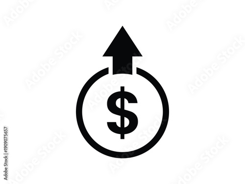 Vector illustration icon of a dollar coin with an upward arrow, signifying financial growth, profit, and investment.