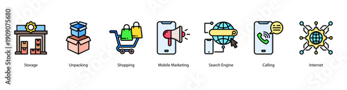 Digital Retail Engagement web banner icon vector illustration featuring Storage, Unpacking, Shopping, Mobile Marketing, Search Engine, Calling, and Internet.