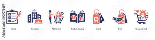 Product Listing and Branding web banner icon vector illustration featuring Listed, Company, Add to Cart, Product Catalog, Brand, Deal, and Shopping Cart.