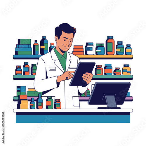 A pharmacist standing behind a counter in a pharmacy with a tablet