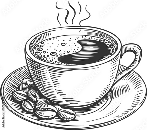 Hand drawn vintage sketch of hot coffee cup on saucer with coffee beans, vector line art