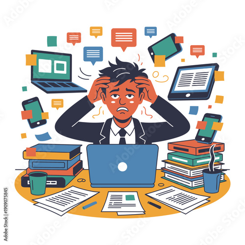 A stressed businessman overwhelmed by multiple tasks and devices at his desk