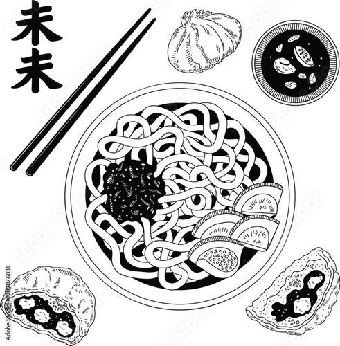 Traditional Asian noodle bowl with dim sum dumplings, chopsticks, and soy sauce black and white vector