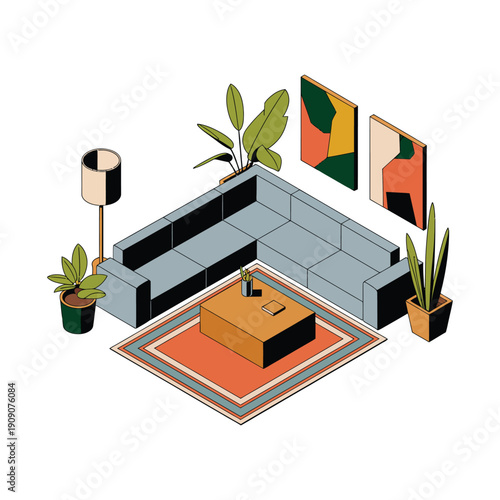 A modern living room with a gray sectional sofa and vibrant decor