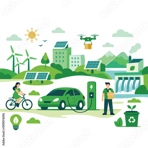 Sustainable Energy and Eco-Friendly Lifestyle Illustration