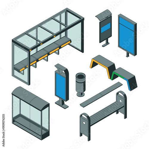 A collection of various public transportation waiting area components and furniture