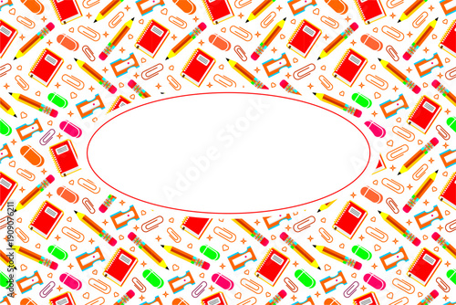 Stationery pattern frame background. Seamless school supplies pattern frame. School attributes seamless pattern frame. Back to school frame design.
