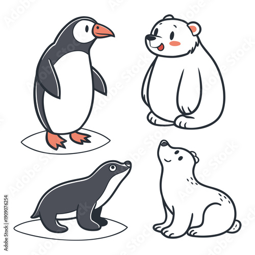 Cute Arctic Animals Vector Collection with Penguins