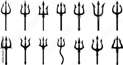 Trident silhouette collection featuring mythological weapon designs, sharp three prong spears and symbolic ancient trishul shapes isolated on white