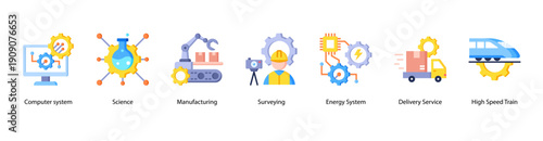 Advanced Technology Systems web banner icon vector illustration featuring Computer System, Science, Manufacturing, Surveying, Energy System, Delivery Service, and High Speed Train.