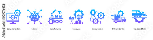 Advanced Technology Systems web banner icon vector illustration featuring Computer System, Science, Manufacturing, Surveying, Energy System, Delivery Service, and High Speed Train.