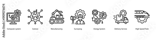 Advanced Technology Systems web banner icon vector illustration featuring Computer System, Science, Manufacturing, Surveying, Energy System, Delivery Service, and High Speed Train.