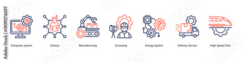 Advanced Technology Systems web banner icon vector illustration featuring Computer System, Science, Manufacturing, Surveying, Energy System, Delivery Service, and High Speed Train.