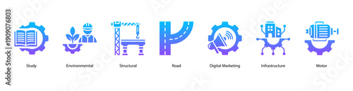 Modern Engineering Fields web banner icon vector illustration featuring Study, Environmental, Structural, Road, Digital Marketing, Infrastructure, and Motor.