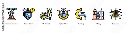 Industrial Communication and Processing web banner icon vector illustration featuring Telecommunications, Fermentation, Mechanical, Optical Fiber, Plumbing, Refinery, and Electronics.