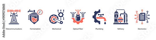 Industrial Communication and Processing web banner icon vector illustration featuring Telecommunications, Fermentation, Mechanical, Optical Fiber, Plumbing, Refinery, and Electronics.
