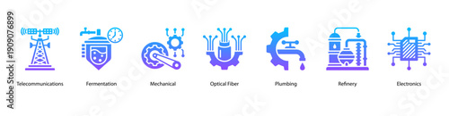 Industrial Communication and Processing web banner icon vector illustration featuring Telecommunications, Fermentation, Mechanical, Optical Fiber, Plumbing, Refinery, and Electronics.