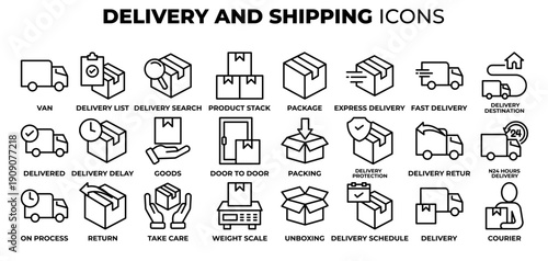 DELIVERY AND SHIPPING icon collection set. Containing logistics, tracking, shipping, courier services, and packaging. Perfect for e-commerce, delivery apps, infographics, and business materials.