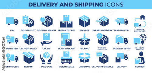 DELIVERY AND SHIPPING icon collection set. Containing logistics, tracking, shipping, courier services, and packaging. Perfect for e-commerce, delivery apps, infographics, and business materials.
