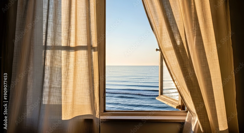 Fototapeta premium Ocean View Through Window With Sheer Curtains Serene Coastal Escape